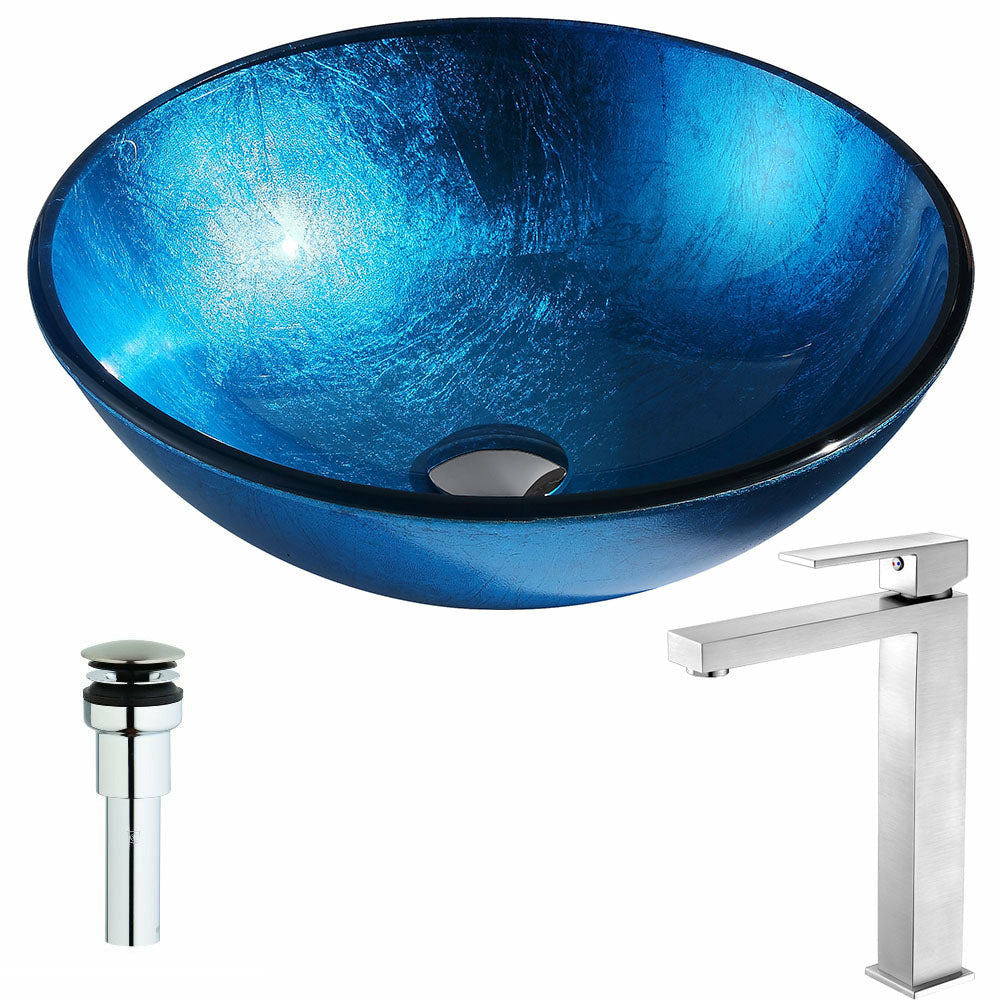 Arc Series Deco-Glass Vessel Sink in Lustrous Light Blue with Enti Faucet in Brushed Nickel- Anzzi