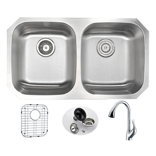 MOORE Undermount 32 in. Double Bowl Kitchen Sink with Accent Faucet in Polished Chrome- Anzzi