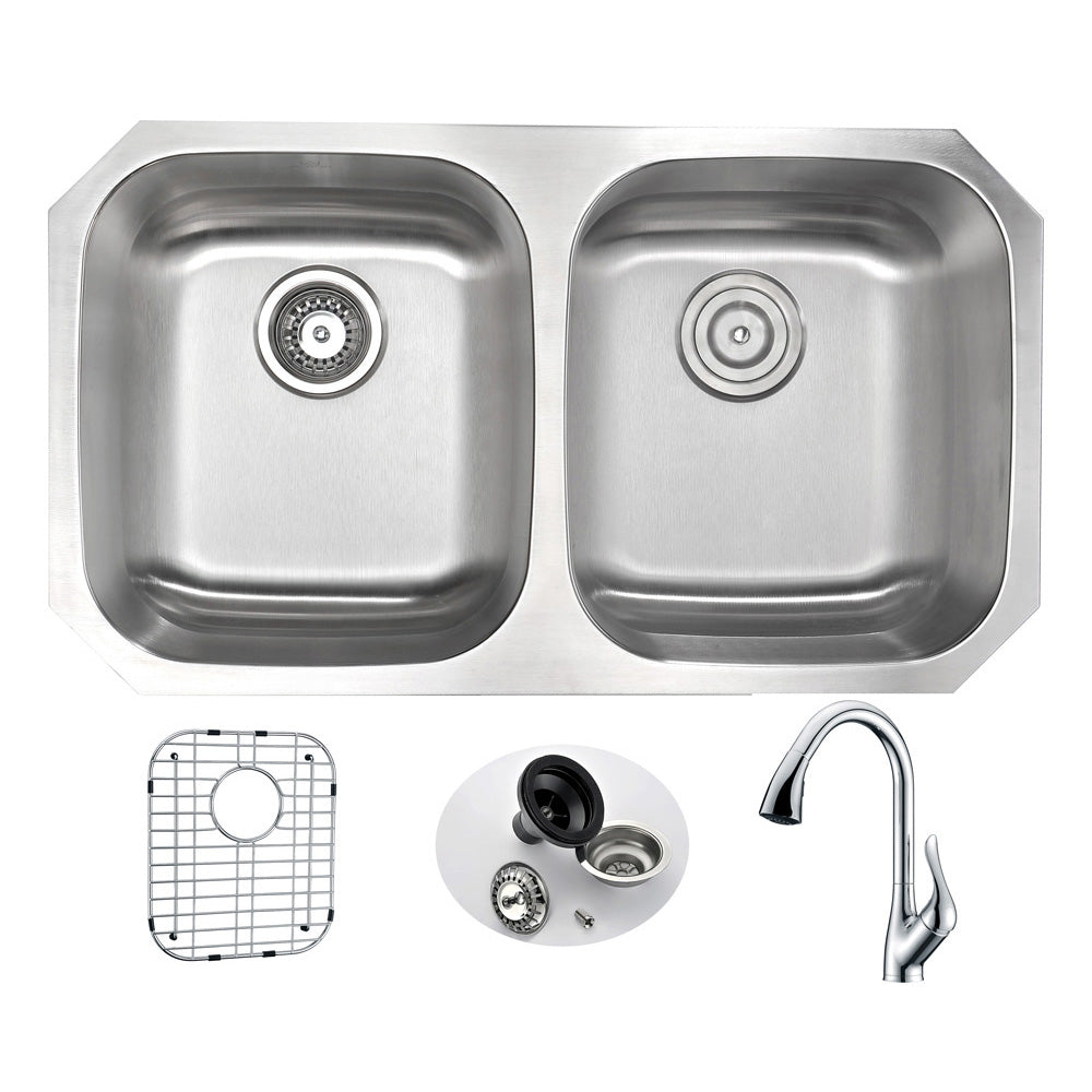 MOORE Undermount 32 in. Double Bowl Kitchen Sink with Accent Faucet in Polished Chrome- Anzzi
