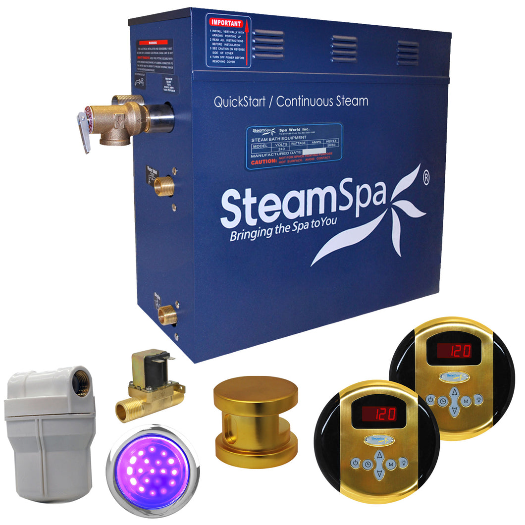 SteamSpa Royal 4.5 KW QuickStart Acu-Steam Bath Generator Package with Built-in Auto Drain in Polished Gold- SteamSpa