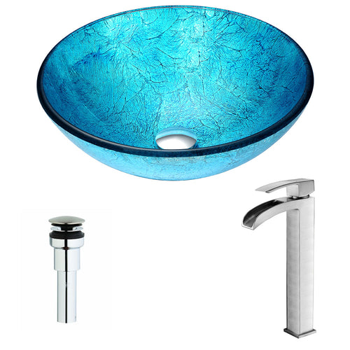 Accent Series Deco-Glass Vessel Sink in Blue Ice with Key Faucet in Brushed Nickel- Anzzi