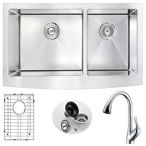 Elysian Farmhouse 36 in. Double Bowl Kitchen Sink with Accent Faucet in Polished Chrome- Anzzi