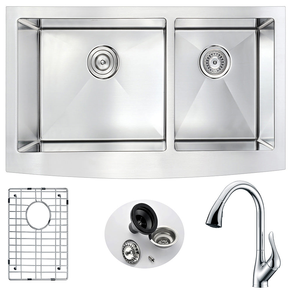 Elysian Farmhouse 36 in. Double Bowl Kitchen Sink with Accent Faucet in Polished Chrome- Anzzi