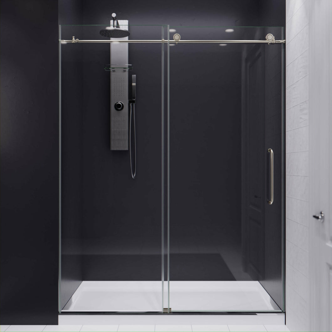Leon Series 60 in. by 76 in. Frameless Sliding Shower Door in Brushed Nickel with Handle- Anzzi