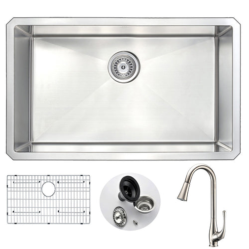 VANGUARD Undermount 30 in. Single Bowl Kitchen Sink with Singer Faucet in Brushed Nickel- Anzzi