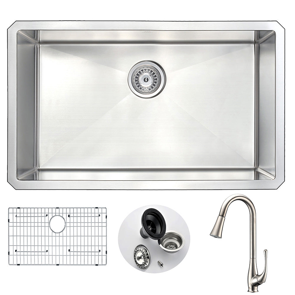 VANGUARD Undermount 30 in. Single Bowl Kitchen Sink with Singer Faucet in Brushed Nickel- Anzzi