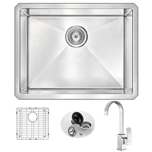 VANGUARD Undermount 23 in. Single Bowl Kitchen Sink with Opus Faucet in Brushed Nickel- Anzzi