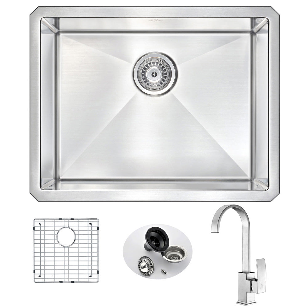 VANGUARD Undermount 23 in. Single Bowl Kitchen Sink with Opus Faucet in Brushed Nickel- Anzzi