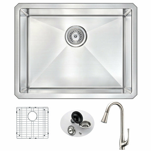 VANGUARD Undermount Stainless Steel 23 in. Single Bowl Kitchen Sink and Faucet Set with Singer Faucet in Brushed Nickel- Anzzi