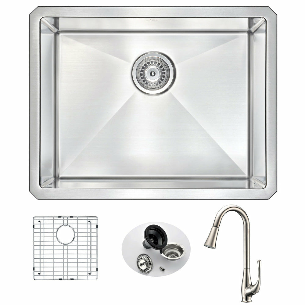 VANGUARD Undermount Stainless Steel 23 in. Single Bowl Kitchen Sink and Faucet Set with Singer Faucet in Brushed Nickel- Anzzi