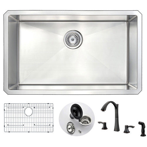 VANGUARD Undermount 30 in. Single Bowl Kitchen Sink with Soave Faucet in Oil Bronze- Anzzi