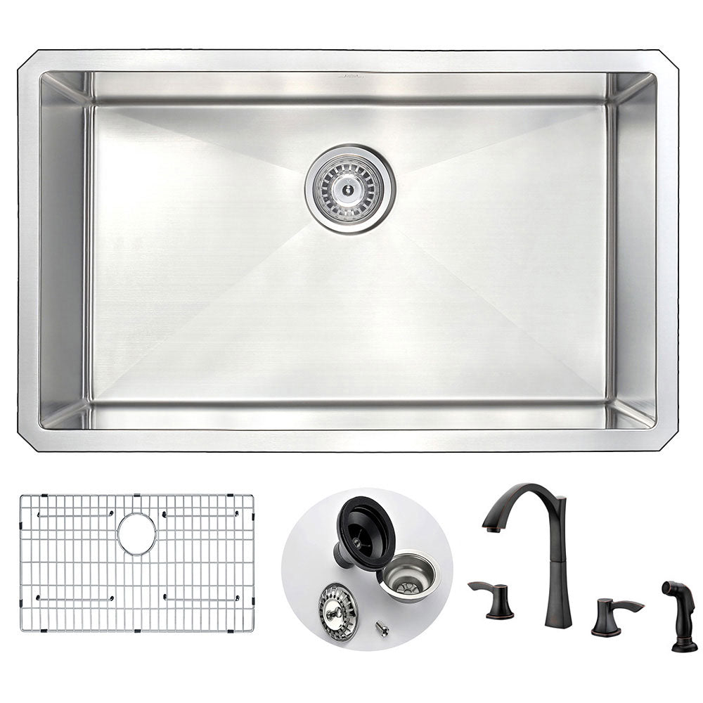 VANGUARD Undermount 30 in. Single Bowl Kitchen Sink with Soave Faucet in Oil Bronze- Anzzi