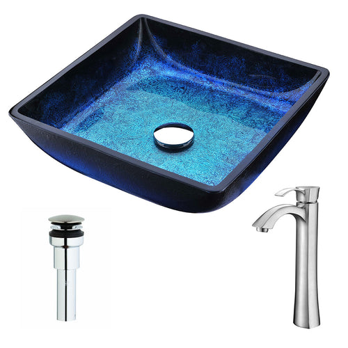 Viace Series Deco-Glass Vessel Sink in Blazing Blue with Harmony Faucet in Brushed Nickel- Anzzi