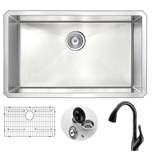 VANGUARD Undermount 30 in. Single Bowl Kitchen Sink with Accent Faucet in Oil Bronze- Anzzi