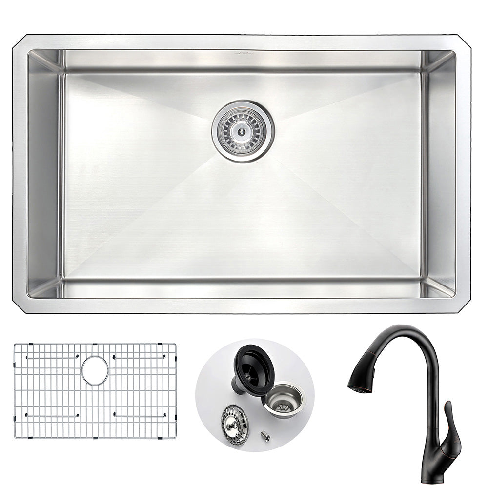 VANGUARD Undermount 30 in. Single Bowl Kitchen Sink with Accent Faucet in Oil Bronze- Anzzi