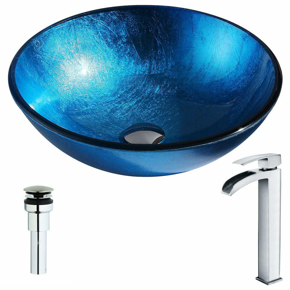 Arc Series Deco-Glass Vessel Sink in Lustrous Light Blue with Key Faucet in Polished Chrome- Anzzi