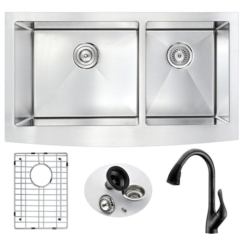 Elysian Farmhouse 33 in. Double Bowl Kitchen Sink with Accent Faucet in Oil Rubbed Bronze- Anzzi