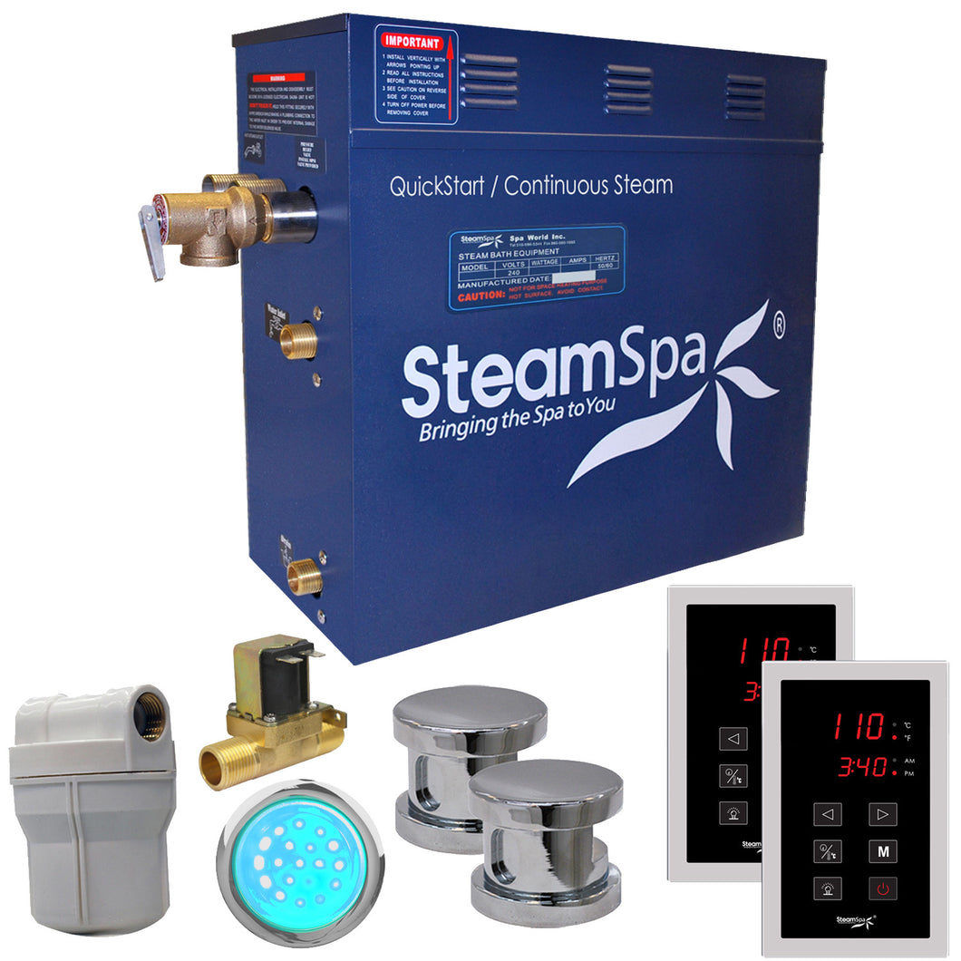 SteamSpa Royal 12 KW QuickStart Acu-Steam Bath Generator Package with Built-in Auto Drain in Polished Chrome- SteamSpa
