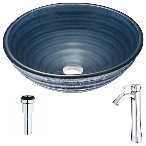 Tempo Series Deco-Glass Vessel Sink in Coiled Blue with Harmony Faucet in Polished Chrome- Anzzi