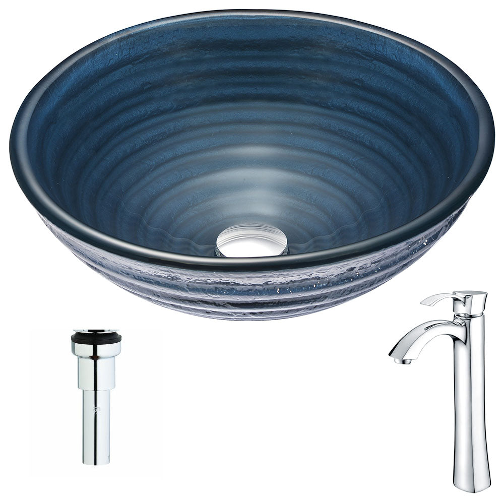 Tempo Series Deco-Glass Vessel Sink in Coiled Blue with Harmony Faucet in Polished Chrome- Anzzi
