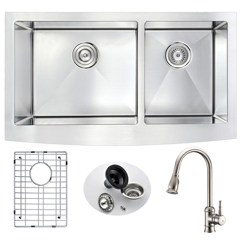 Elysian Farmhouse 33 in. Double Bowl Kitchen Sink with Sails Faucet in Brushed Nickel- Anzzi