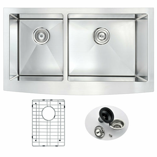 ELYSIAN Series 36 in. Farm House 40/60 Dual Basin Handmade Stainless Steel Kitchen Sink- Anzzi
