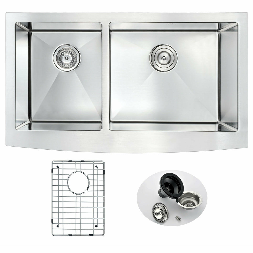 ELYSIAN Series 36 in. Farm House 40/60 Dual Basin Handmade Stainless Steel Kitchen Sink- Anzzi