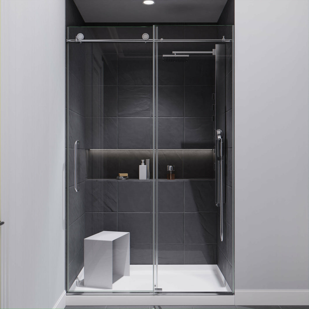 Leon Series 48 in. by 76 in. Frameless Sliding Shower Door in Chrome with Handle- Anzzi