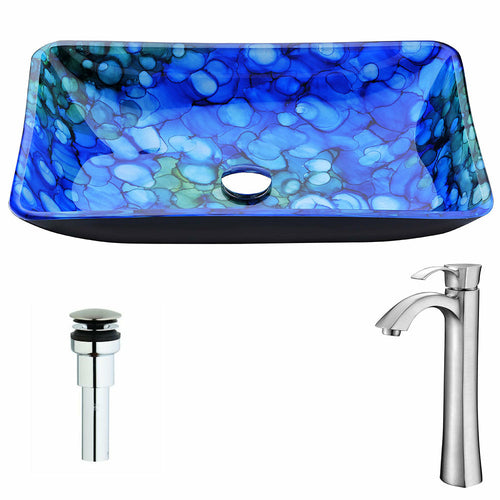 Voce Series Deco-Glass Vessel Sink in Lustrous Blue with Harmony Faucet in Brushed Nickel- Anzzi