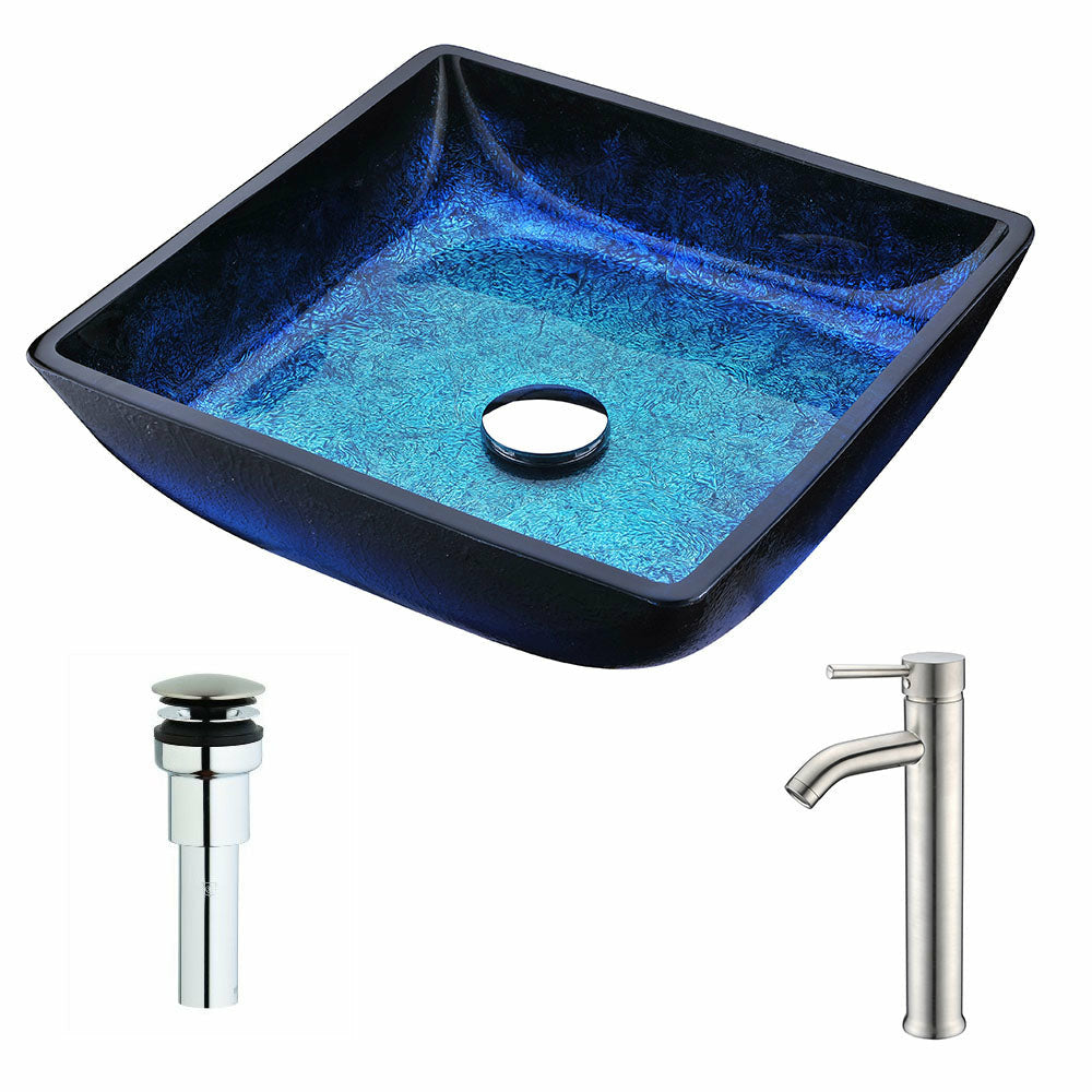 Viace Series Deco-Glass Vessel Sink in Blazing Blue with Fann Faucet in Brushed Nickel- Anzzi