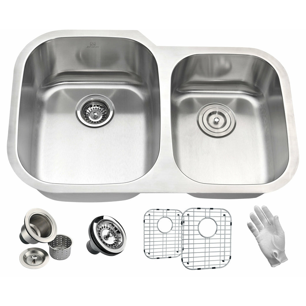 Moore Undermount Stainless Steel 32 in. 0-Hole 60/40 Double Bowl Kitchen Sink in Brushed Satin- Anzzi