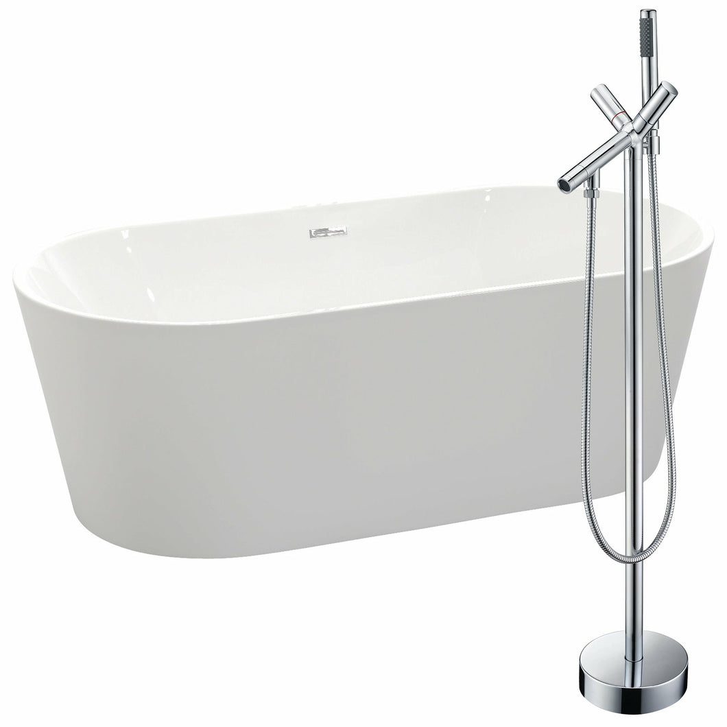 Chand 67 in. Acrylic Flatbottom Non-Whirlpool Bathtub in White with Havasu Faucet in Polished Chrome- Anzzi