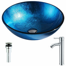 Load image into Gallery viewer, Arc Series Deco-Glass Vessel Sink in Lustrous Light Blue with Fann Faucet in Chrome- Anzzi