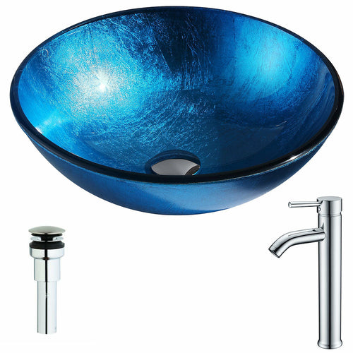 Arc Series Deco-Glass Vessel Sink in Lustrous Light Blue with Fann Faucet in Chrome- Anzzi