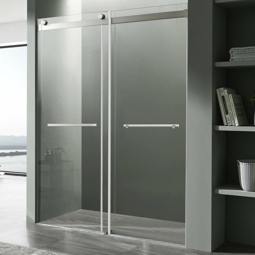 Kahn Series 60 in. x 76 in. Frameless Sliding Shower Door with Horizontal Handle in Brushed Nickel- Anzzi