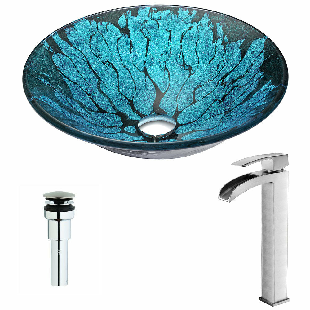 Key Series Deco-Glass Vessel Sink in Lustrous Blue and Black with Key Faucet in Brushed Nickel- Anzzi