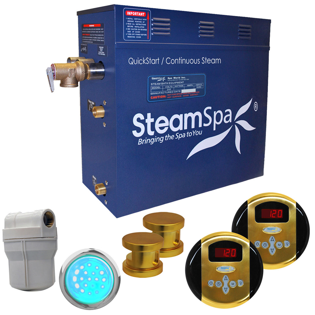 SteamSpa Royal 12 KW QuickStart Acu-Steam Bath Generator Package in Polished Gold- SteamSpa