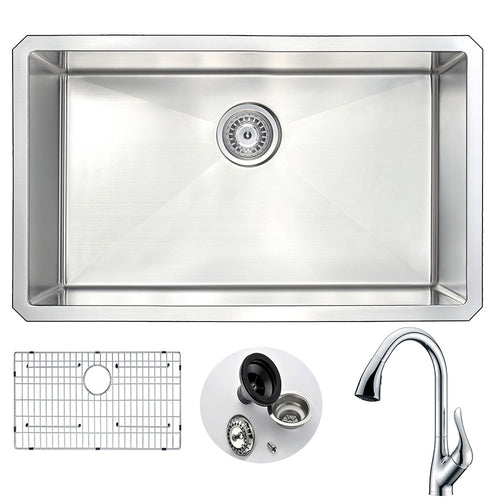 VANGUARD Undermount 30 in. Single Bowl Kitchen Sink with Accent Faucet in Polished Chrome- Anzzi