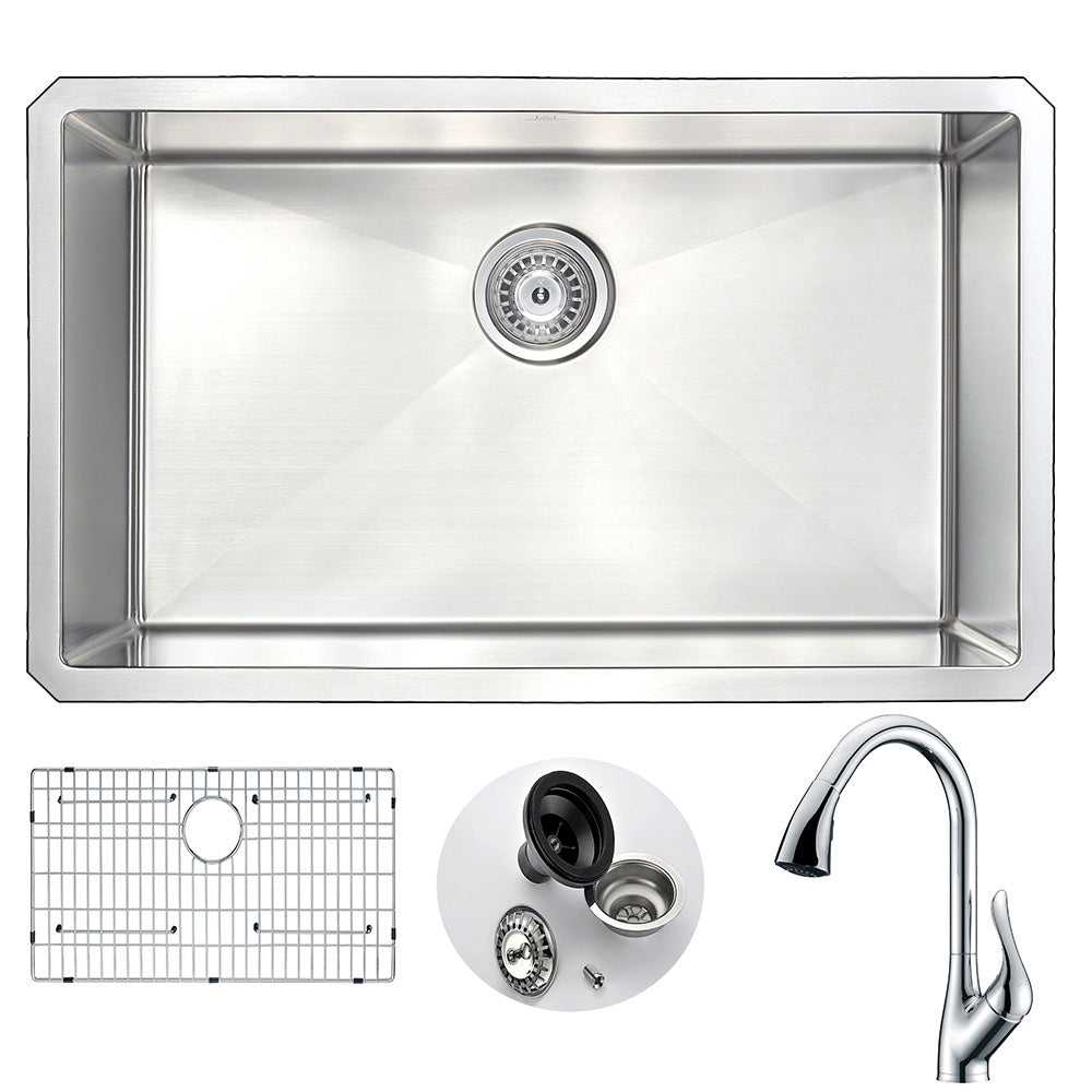 VANGUARD Undermount 30 in. Single Bowl Kitchen Sink with Accent Faucet in Polished Chrome- Anzzi