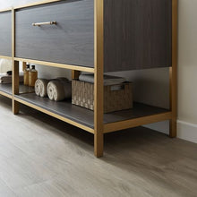 Load image into Gallery viewer, Vinnova Palma 84G&quot; Double Sink Bath Vanity in Suleiman Oak with White Composite Grain Stone Countertop and Mirror- Vinnova