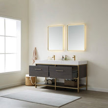 Load image into Gallery viewer, Vinnova Palma 60G&quot; Double Sink Bath Vanity in Suleiman Oak with White Composite Grain Stone Countertop and Mirror- Vinnova