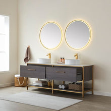 Load image into Gallery viewer, Vinnova Murcia 72G&quot; Double Sink Bath Vanity in Suleiman Oak with White Composite Grain Stone Countertop and Mirror- Vinnova