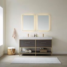 Load image into Gallery viewer, Vinnova Palma 60G&quot; Double Sink Bath Vanity in Suleiman Oak with White Composite Grain Stone Countertop and Mirror- Vinnova