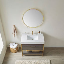 Load image into Gallery viewer, Vinnova Palma 36G&quot; Single Sink Bath Vanity in Suleiman Oak with White Composite Grain Stone Countertop and Mirror- Vinnova