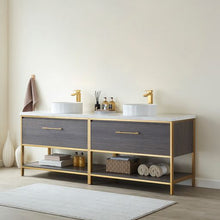 Load image into Gallery viewer, Vinnova Murcia 84G&quot; Double Sink Bath Vanity in Suleiman Oak with White Composite Grain Stone Countertop- Vinnova