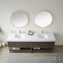 Load image into Gallery viewer, Vinnova Palma 84G&quot; Double Sink Bath Vanity in Suleiman Oak with White Composite Grain Stone Countertop and Mirror- Vinnova