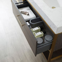 Load image into Gallery viewer, Vinnova Palma 84G&quot; Double Sink Bath Vanity in Suleiman Oak with White Composite Grain Stone Countertop and Mirror- Vinnova