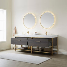 Load image into Gallery viewer, Vinnova Palma 84G&quot; Double Sink Bath Vanity in Suleiman Oak with White Composite Grain Stone Countertop and Mirror- Vinnova