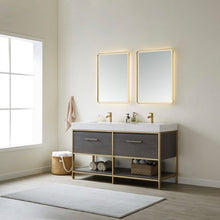 Load image into Gallery viewer, Vinnova Palma 60G&quot; Double Sink Bath Vanity in Suleiman Oak with White Composite Grain Stone Countertop and Mirror- Vinnova