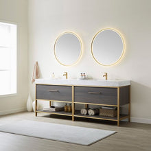 Load image into Gallery viewer, Vinnova Palma 84G&quot; Double Sink Bath Vanity in Suleiman Oak with White Composite Grain Stone Countertop and Mirror- Vinnova